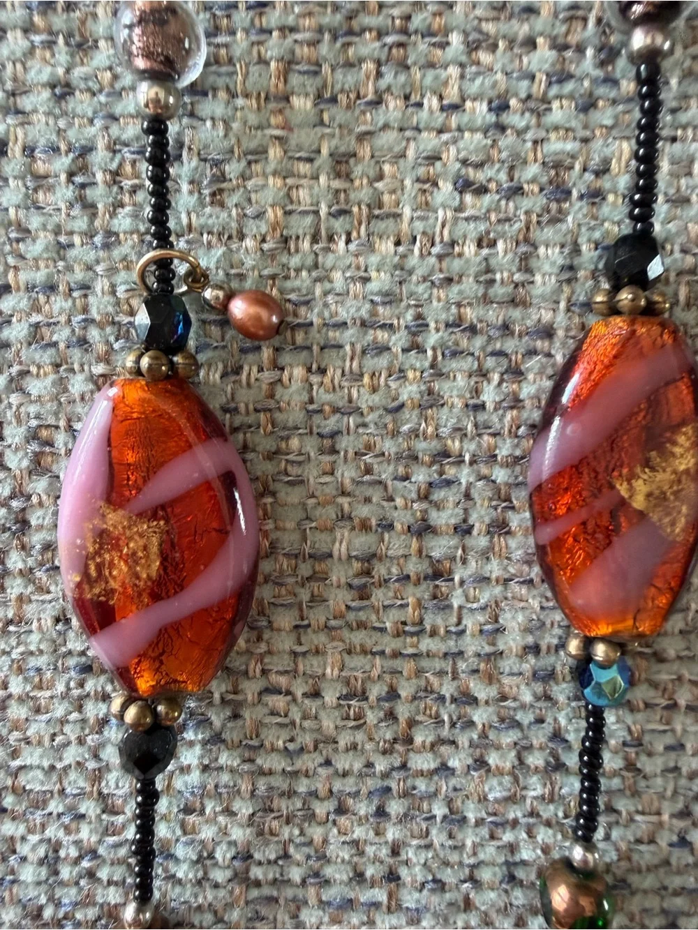 Handcrafted Multicolor Glass Bead Statement Necklace - Gold & Amber Accents